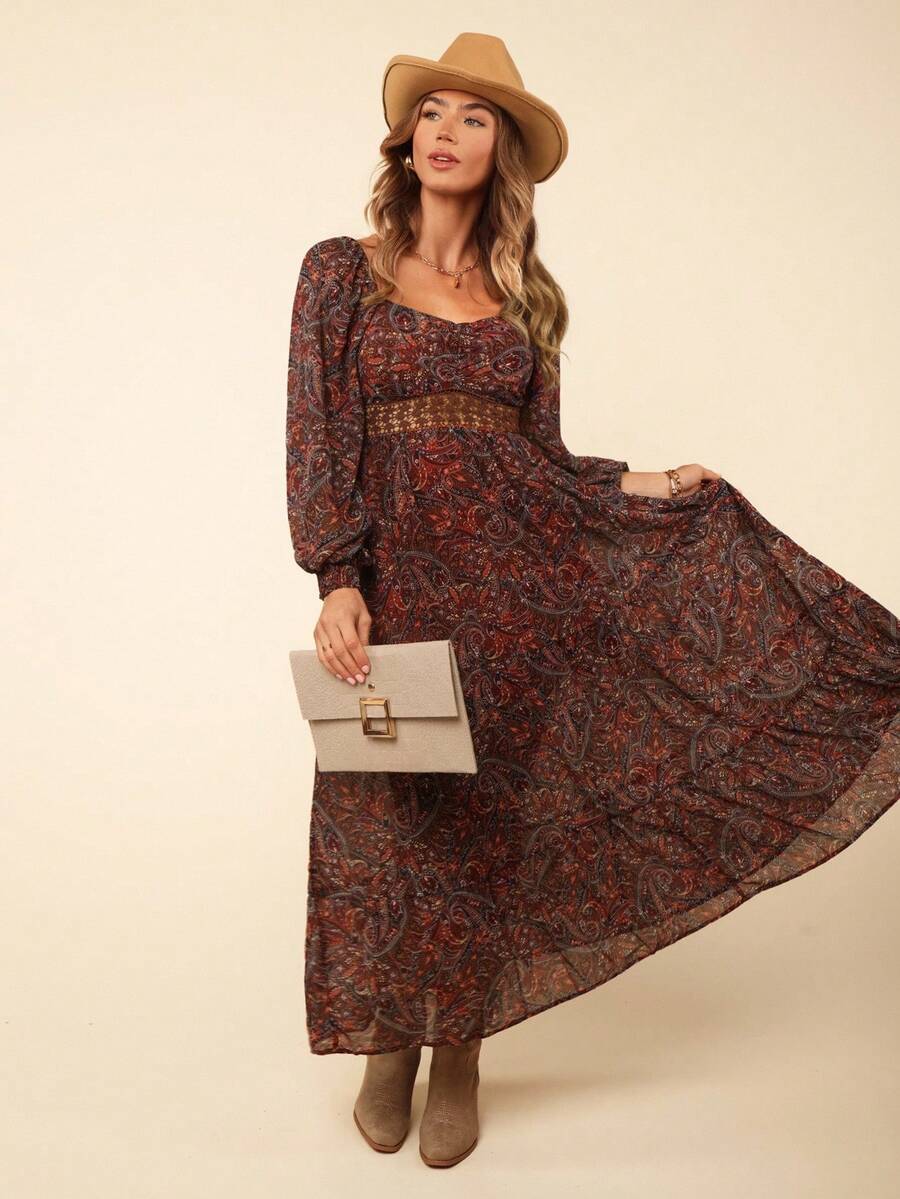 Coeurva Paisley Print Sweetheart Neck Lantern Sleeve Ruffle Hem Dress - Brown - View 1