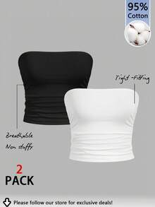 Tseoso 2pcs/Set Women's 95% Cotton Solid Color Simple Comfortable Ruched Camisole Tops - Multicolor - View 11