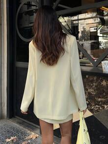 Aloruh Women's Solid Light Yellow Wide Shoulder Blazer Jacket + Mini A-Line Skirt Suit Set, Casual Commuter Versatile 2 Pieces Outfit Blazer Skirt Set Two Piece Skirt Set Yellow Skirt Suit Butter Yellow Two Piece Set Fall Clothes For Women Winter Clothes For Women Fall Women Clothes Fall Clothes Autumn Clothes - Yellow - View 3