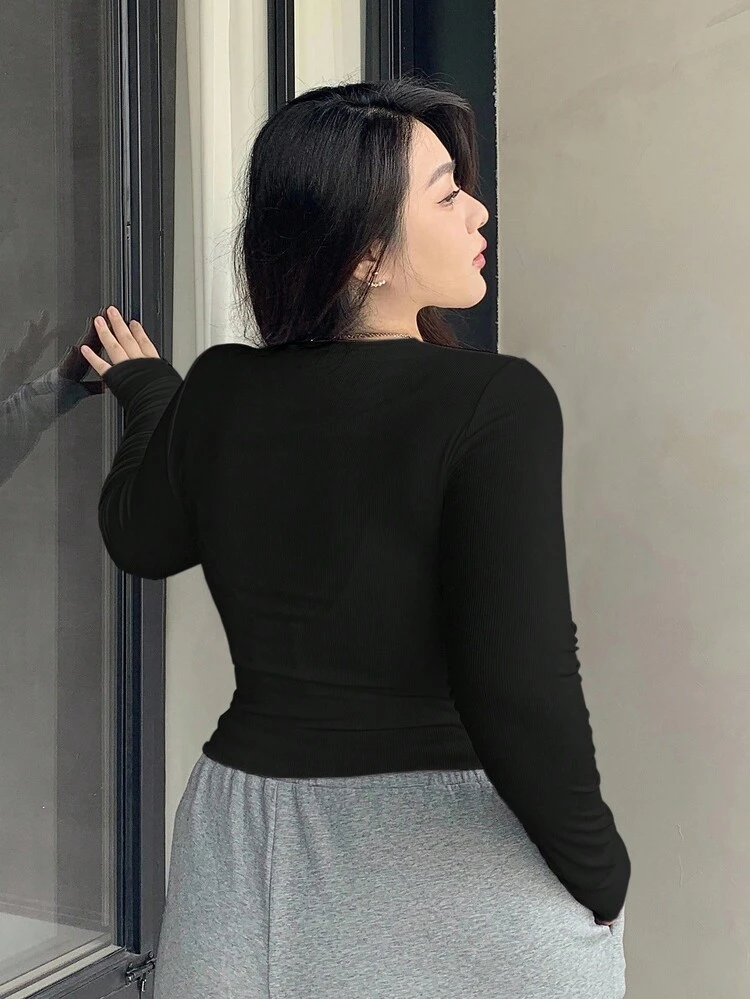 Dazy Plus Partial Zip-Up Elastic Fitted Solid Color Versatile Long Sleeve Black T-Shirt, Spring/Summer/Autumn