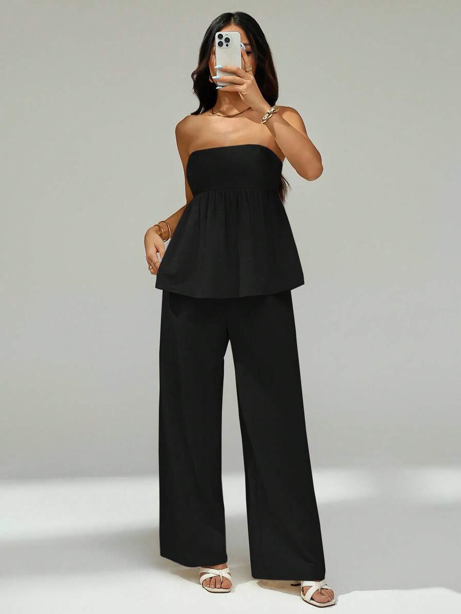 SHEIN PETITE 女士时尚纯色抹胸上衣和裤子两件套 - 黑色 - 查看 1