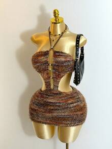 Mistrie Women's Brown Striped Boho Faux Knit Mini Dress,Halter Neck Tie Detail Front Cut-Out Beaded Summer Vacation Dress For Music Festivals Halloween - Brown - View 7