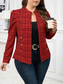 SHEIN Clasi Plus Size Women Metal Buckle Decor Tweed-Like Fabric Jacket, Elegant For Daily, Casual, Business Commute In Fall/Winter