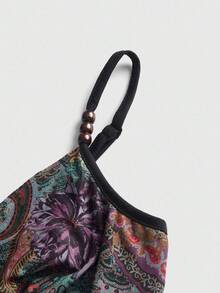 ROMWE Bộ bikini 2 mảnh họa tiết Paisley in hình lễ hội âm nhạc phương Tây phong cách Hippie cổ điển dành cho nữ, viền tua rua đính cườm và khăn sarong buộc dây - Nhiều màu - Xem 8