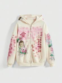 ROMWE Áo nỉ dáng rộng in họa tiết hoa tượng hình Phật cổ điển Y2K Streetwear dành cho nữ - trắng - Xem 4