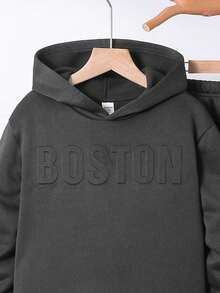 2 peças/conjunto infantil pré-adolescente casual com letras em relevo gola redonda moletom com capuz solto e calças de malha soltas de cor sólida, adequado para deslocamento, escola, casual, férias, esportes, primavera, verão, outono, inverno - Cinza - Ver 3