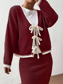 Flirla 2pcs Ombre Bowknot Strap Casual Basic Knit Set, Autumn/Winter - Red - View 6