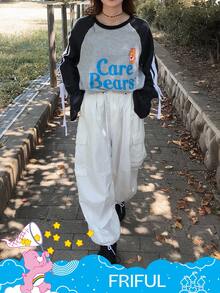 SHEIN X Care Bears FRIFUL 女式圆领休闲字母和卡通图案T恤长袖上衣