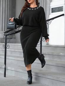 Ellevyn Plus Size Women Knitted Dress Set, Elegant Ladies Knitted Dress Suit, Knitted Sweater & Knitted Dress Set, Purple Knitted Dress Suit With Pearl Collar Decoration, Stretchy & Comfortable