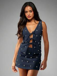 MISSGUIDED Studded Mini Skirt Embellished With Silver Metal Details For Evening Party Club Night Glamour Fashion - Navy Blue - View 3