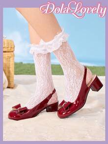 Dola Lovely Bombas de tacón grueso con punta redonda y aplicaciones de mariposa con rhinestones para mujer, adecuadas para Halloween y Navidad - Burdeos - Ver 4