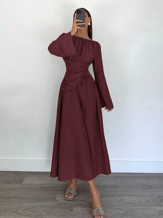 Siren Gaze Siren Gaze Women's Brown Round Neck Bell Sleeve Waist Tie Elegant Dress, Back To School Outfit, Country Concert Outfit, Business Casual Women's Outfit, Women's Teacher Outfit, Women's Date Night Outfit, Birthday Outfit, Women's Brunch Outfit, Western Outfit, Business Casual Women's Outfit Siren Gaze New Women's Fashion Striped Ruched Waist Dress Brown Dress Winter Christmas Party Chic Red