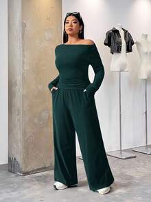 SHEIN EZwear 2 pezzi Tuta in maglia verde con manica lunga e pantaloni, vestibilità slim, taglie comode per donna