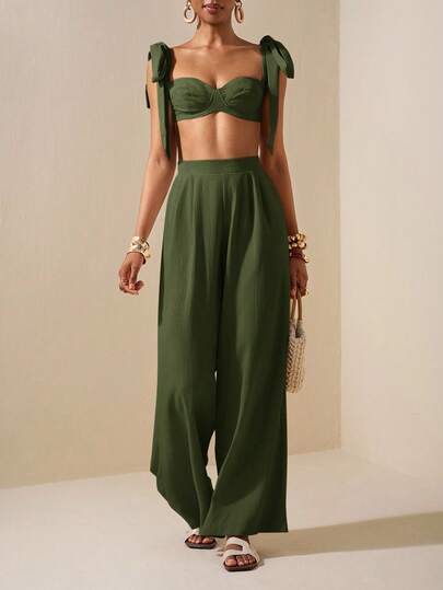 Zivah Beach New Spring And Summer Casual Holiday Bowknot Shoulder Straps Chest-Wrapped Heart Collar Cropped Top + Wide-Leg Super Trousers Apricot Women's Two Pieces Se,Textured Fabric Material