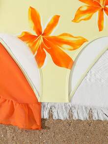 SHEIN Bộ đồ bơi liền thân in hoa cho bé gái tuổi teen kèm chân váy thắt nút màu cam, phong cách cao cấp cho kỳ nghỉ hè và bãi biển - Nhiều màu - Xem 5