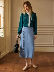 Écloséra 女士单排扣长款休闲牛仔裙 - 藍色 - 查看 3