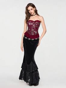 ROMWE EDITION Women's Vintage Witch-Inspired Lace Patchwork Sequin Tube Top, Burgundy - Burgundy - View 8