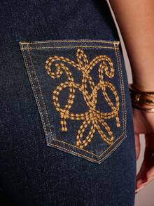 Avantive 女式复古休闲刺绣细节喇叭牛仔裤 - 藍色 - 查看 6