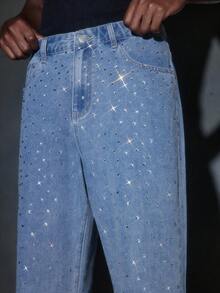 NEON BLANC Men's Pocketed Blue Fashion Rhinestone Embellished Flared Leg Jeans - Blue - View 6