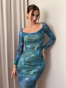 Aloruh Elegant Summer Mesh Printed Beach Vacation Dress - Multicolor - View 5