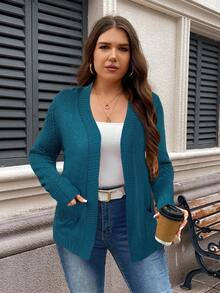 SHEIN LUNE Plus Size Women Hollow Out Long Sleeve Open Front Casual Knit Cardigan, Autumn Winter - Cadet Blue - View 4