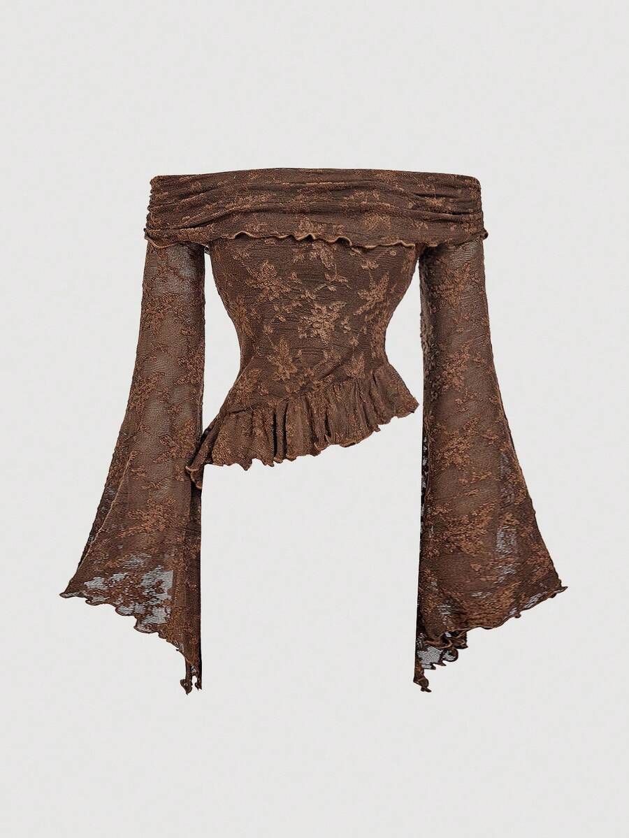 SHEIN MOD Áo trễ vai ren nâu tay chuông viền bèo nhún cho nữ, Áo cổ điển, Áo dự tiệc cho nữ, Áo năm mới - màu nâu - Xem 1