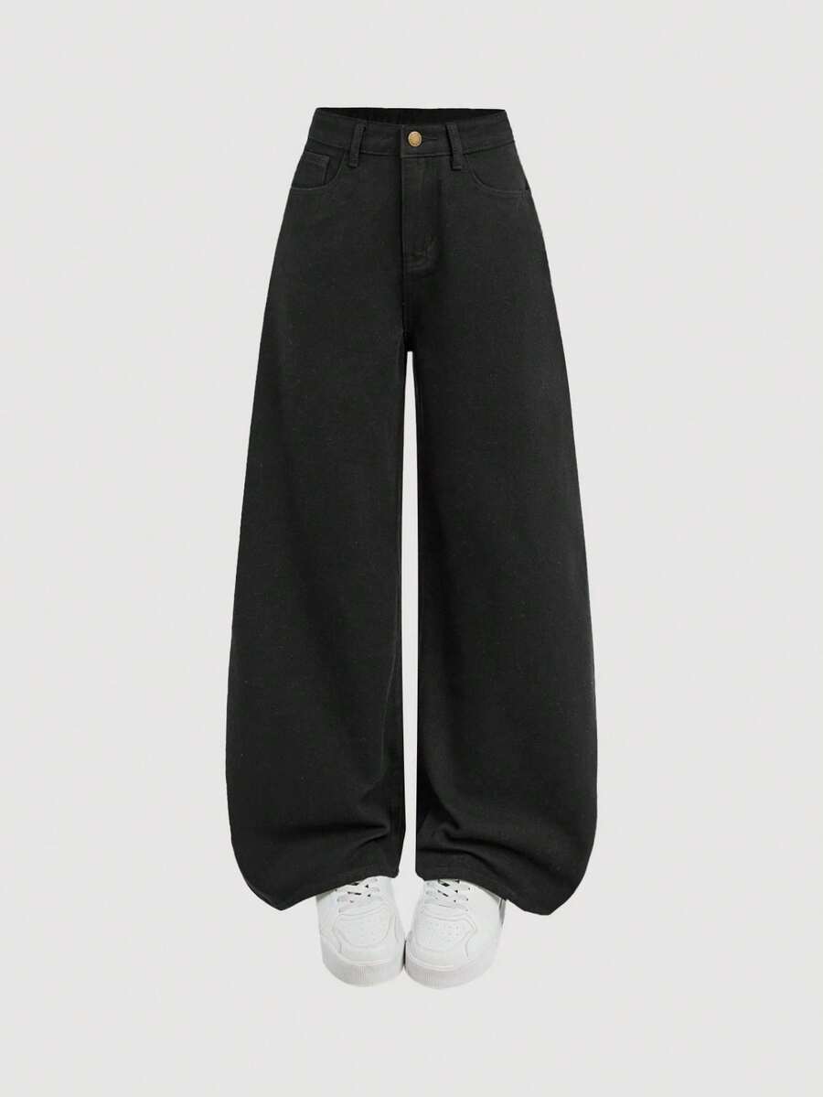 SHEIN Girlism 少女Y2K复古宽松阔腿牛仔裤,原宿风韩流街头服饰,2000年代复古风,适合春季、秋季、返校季和冬季穿着。 - 黑色 - 查看 1