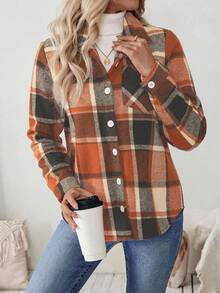 EMERY ROSE Chaqueta casual de mujer con botones, estampado de cuadros y bolsillo, manga larga - Camisa casual diaria para mujer - Naranja - Ver 6