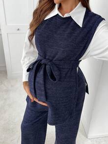SHEIN 2 件孕妇休闲纯色打结腰背心和裤子套装，秋季两件套女士舒适适度两件套孕妇装两件套孕妇装两件套装舒适两件套 - 藏蓝色 - 查看 6