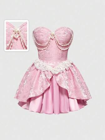 EDITION Women's Retro Romantic Palace Jacquard Contrast Color Splicing Pearl Chain Decor Mini Tube Dress