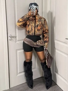 BamGleam Animal Print Cropped Stand Collar Jacket - Brown - View 1