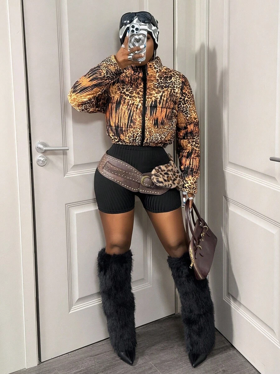 BamGleam Animal Print Cropped Stand Collar Jacket - Brown - View 1