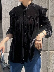 FRIFUL 女士荷叶边领天鹅绒水钻装饰休闲宽松衬衫，秋季可爱长袖亮片上衣 - 黑色 - 查看 1