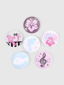 ROMWE Kawaii 6pcs Anime Badges With Flower, Wings, Music Notes, Polka Dots, And Stars Design
