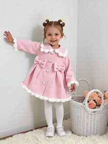 SHEIN Baby Girls' Fluffy Collar Bow Design Jacket, Autumn & Winter - Pink - View 8