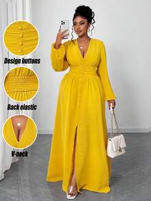 Maweii Váy quấn tay bồng màu trơn thanh lịch cỡ lớn cho nữ, thiết kế đa năng cho tiệc tùng, đi chơi, hẹn hò lãng mạn, tay dài đầu thu - Màu vàng - Xem 2