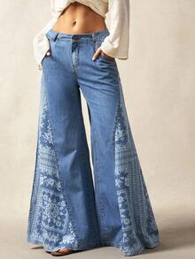 Bohemela Plus Size Women Floral Pattern Pocketed Wide Leg Casual Jeans, Back To School, Vintage, Fall Women Clothes - Blue - View 1