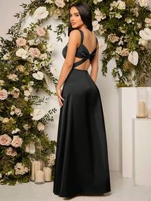 SHEIN Belle Women's Solid Color Side Slit Hem Elegant Spaghetti Strap Bridesmaid Dress (Adult) - Black - View 5