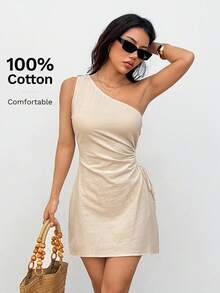 SHEIN PETITE Apricot Asymmetrical Neck Mini Dress With Knot Detail For Casual Summer Style One Shoulder Sleeve Beige Vacation - Apricot - View 4