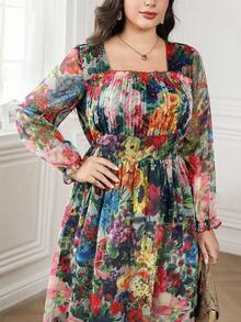 Reflora Đầm dự tiệc dài tay đèn lồng cổ vuông cổ điển lãng mạn cỡ lớn sang trọng in hoa - Nhiều màu - Xem 1