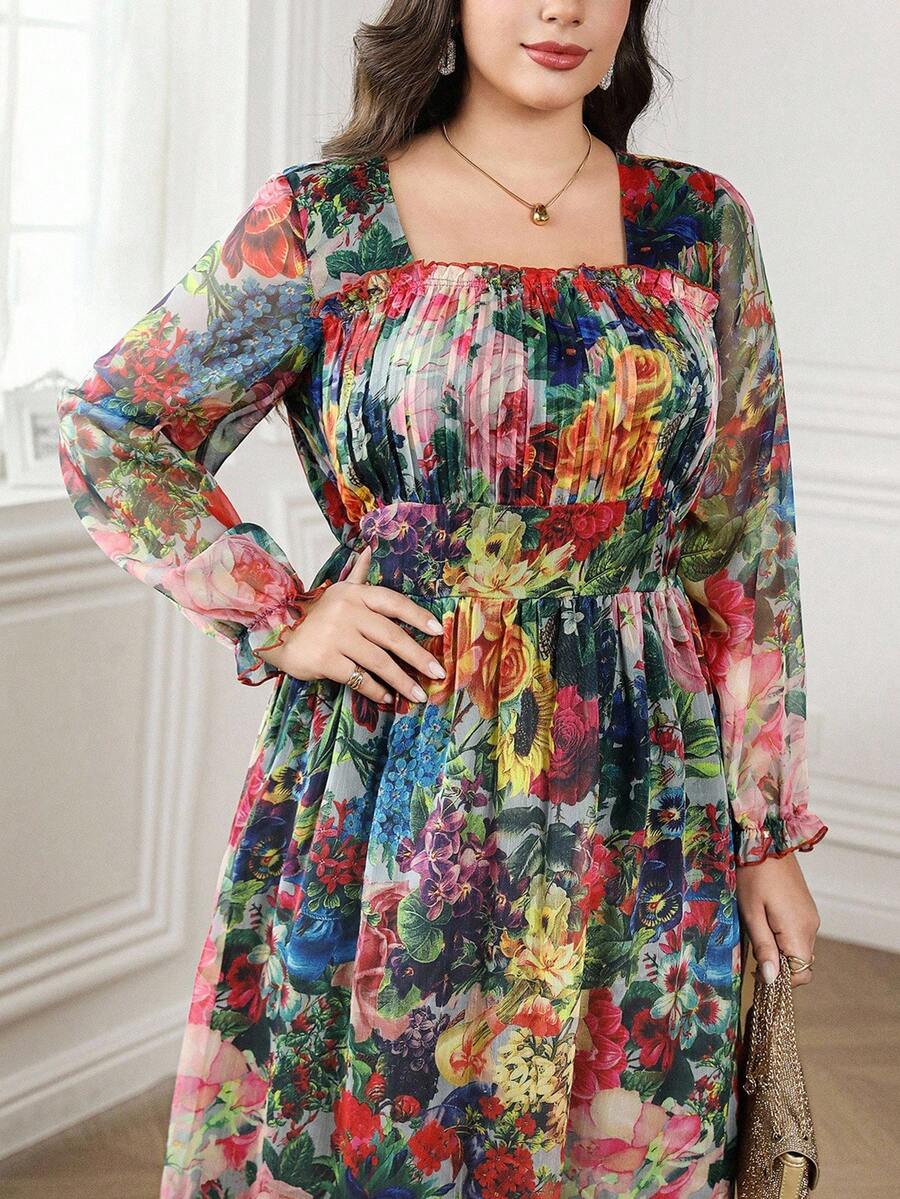 Reflora Đầm dự tiệc dài tay đèn lồng cổ vuông cổ điển lãng mạn cỡ lớn sang trọng in hoa - Nhiều màu - Xem 1