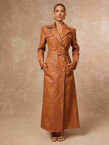 Lumalex Veste régulière pour femmes avec effet vieilli, épaules matelassées et taille cintrée. Manteau trench synthétique brun. Manteau trench synthétique pour femmes. Manteau trench brun. Robe manteau trench couleur rouille