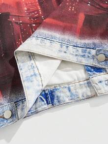 ROMWE MEN Street Life Men's Autumn Letter & Architecture Pattern Long Sleeve Single-Breasted Casual Denim Jacket - Multicolor - View 5