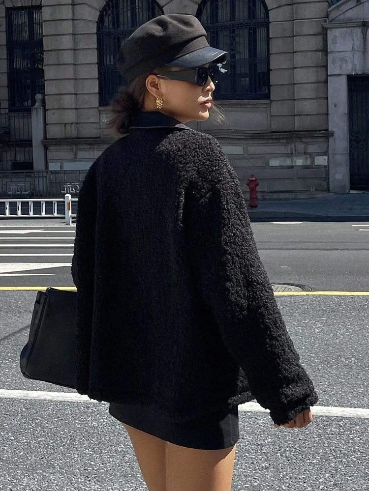 Women's Casual PU Patchwork Lapel Faux Fur Jacket, Regular Fit, Autumn Women Coats