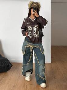 Coolane Women's Fall Streetwear Y2K Sport Leopard Print Number Graphic Football Long Sleeve V-Neck Jersey T-Shirt - Multicolor - View 4