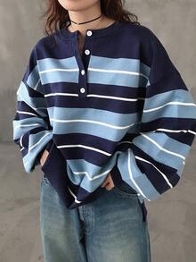FRIFUL Suéter grueso de ajuste holgado y casual con media cremallera y contraste de color a rayas para mujer, otoño