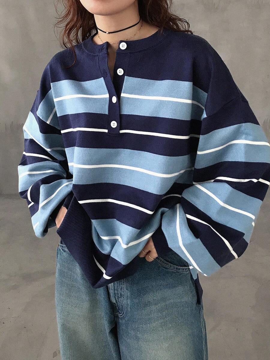 FRIFUL Suéter grueso de ajuste holgado y casual con media cremallera y contraste de color a rayas para mujer, otoño