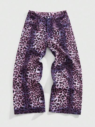 Street Life Jeans a gamba larga con stampa leopardata di moda da uomo