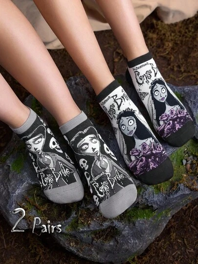 Corpse Bride X SHEIN 2 双情侣柔软透气吸湿排汗休闲短袜时尚黑白短袜加固脚趾和脚跟，经久耐用男女通用四季百搭夏冬万圣节