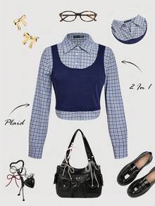 SHEIN MOD Women's Blue Plaid 2 In 1 Shirt Blouse, Long Sleeve Shirt For Autumn, Back To School Season - Blue - View 2
